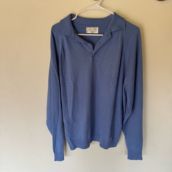 Vintage Christian Dior blue collared quarter button wool blend sweater size XL - Picture 1 of 8